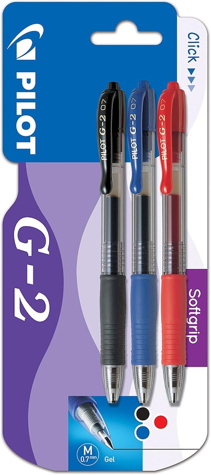 image 1 of Pilot G207 Retractable Rollerball Pen Black, Blue, Red Pack of 3