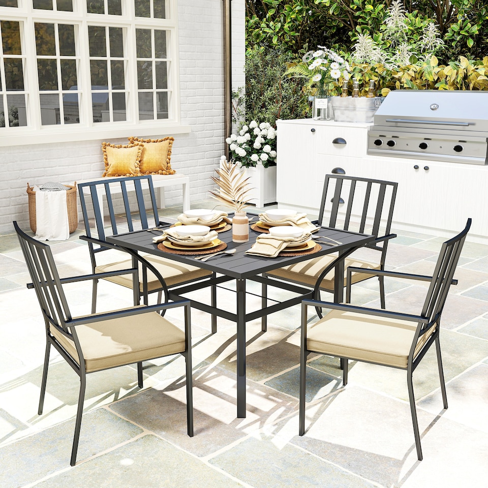 image 1 of Outsunny Garden Dining Set w/ 4 Stackable Cushioned Chairs and Metal Top Table