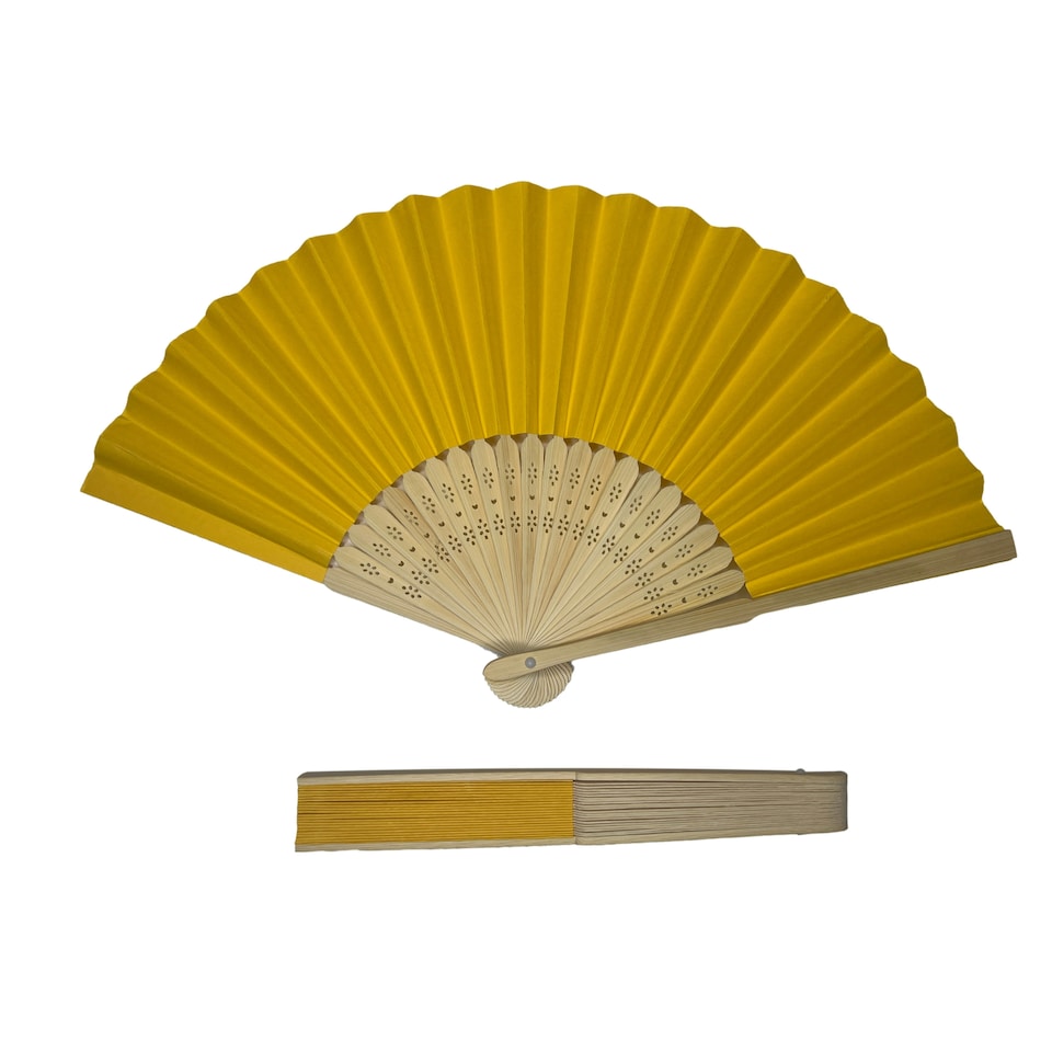 image 1 of Dark Yellow Paper Foldable Hand Held Bamboo Wooden Fan by Parev
