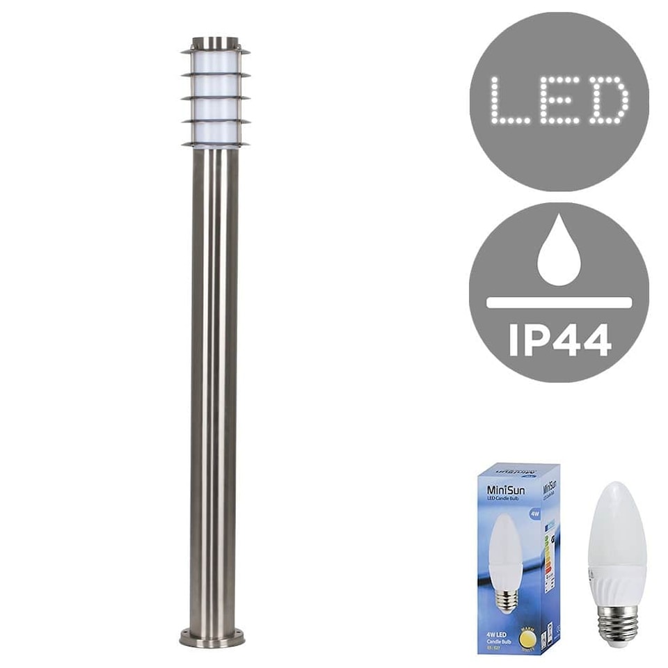 image 1 of ValueLights Wharf Outdoor Stainless Steel 1 Metre Bollard Lantern Light Post & Warm White LED Bulb | Chrome