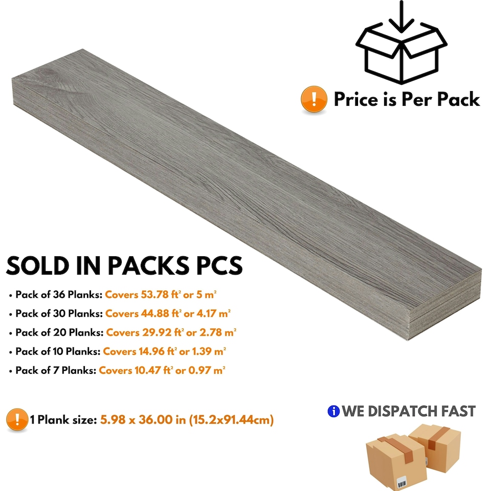 image 1 of Self Adhesive Floor Planks | 5.9x35.9in (91.4x15.2cm) Each | Peel & Stick Vinyl Flooring | Grey Wood Effect | Easy DIY | Stick On Tiles for Home Floors Grey | 4.17 sqm