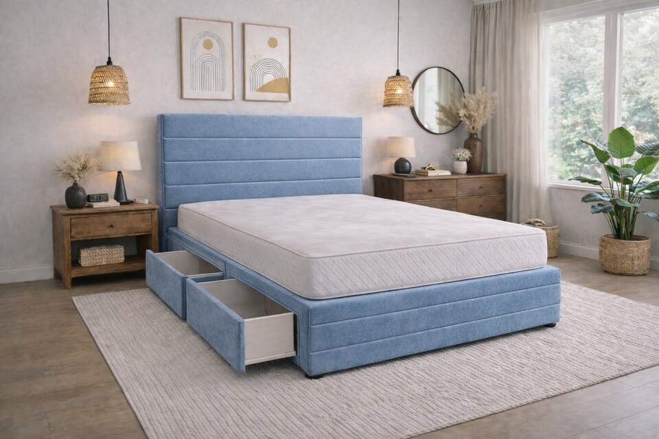 image 1 of Divan Bed Set Headboard and Footboard with Mattress 3ft Single Ice Blue Suede Storage 2 Drawers Right Side Laying in Bed