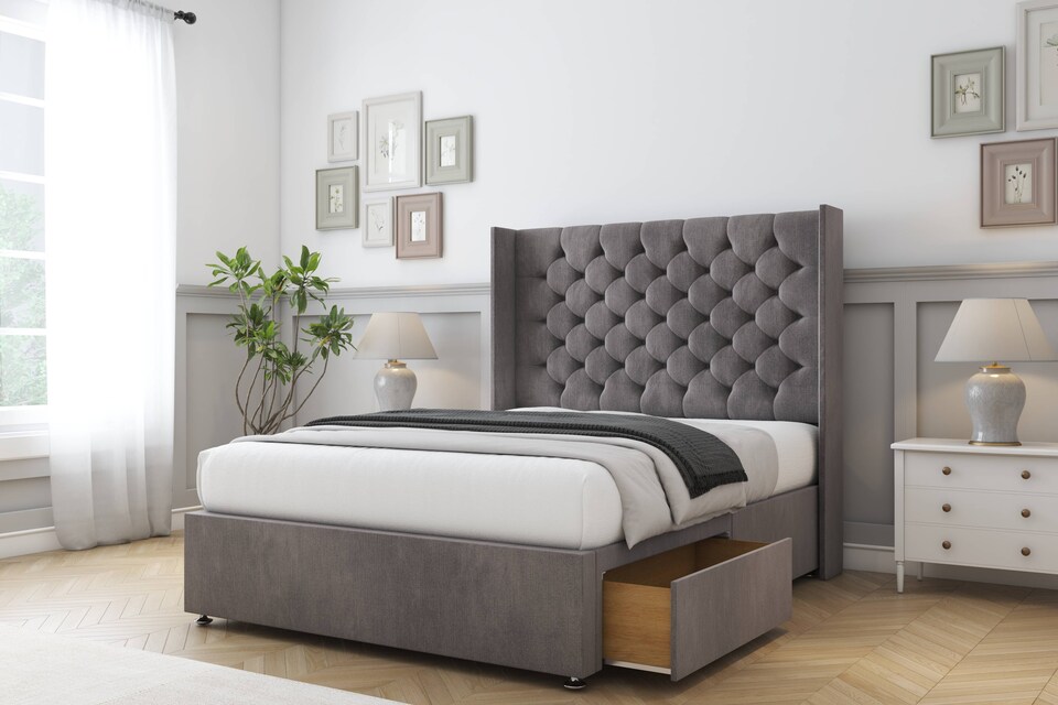 image 1 of Sloomy Dior Slate Naples Divan Bed With Mattress No Drawers With 54" Wingback Headboard 4'6 Double | Grey | Slate | Double | 1
