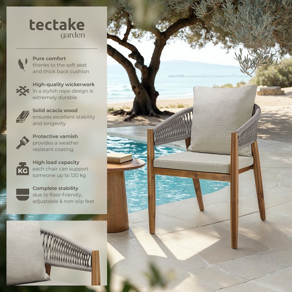 image 1 of Garden Chair Manacor in a Corded Design with Acacia Wood Frame and Matching Cushions | Grey | greige | One Size | 4