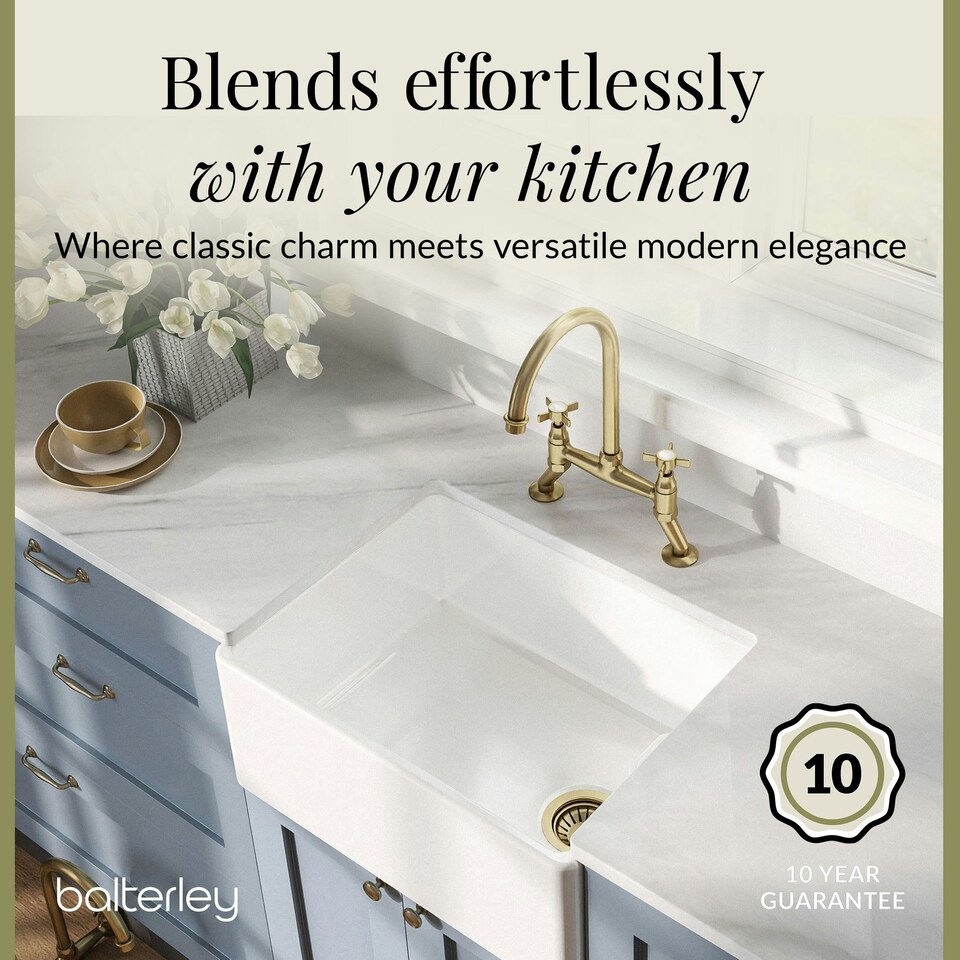 image 1 of Fireclay Kitchen Bundle - Single Bowl Belfast Sink, Strainer Waste & Bridge Crosshead Tap, 595mm - Brushed Brass - Balterley