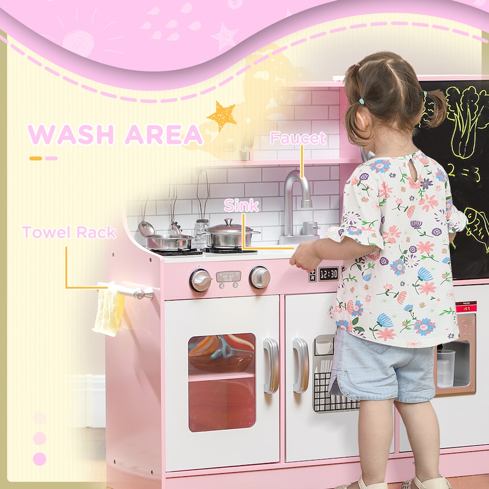 image 1 of AIYAPLAY Play Kitchen, Kids Kitchen Playset Toy with Chalkboard, Toy Phone, Microwave, Ice Maker, Cooking Stoves, Sink, for Boys Girls Ages 3-8 Years, Pink | Pink | Pink