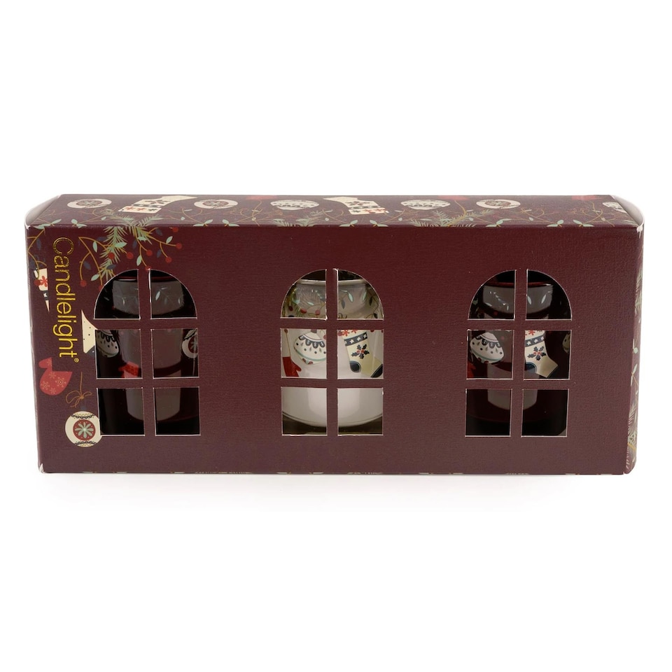 image 1 of Candlelight Set of 3 Christmas Votive Candles Stockings and Baubles