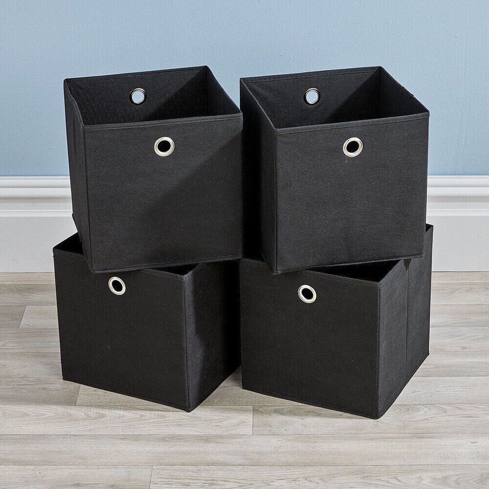 image 1 of Foldable Canvas Storage Folding Box Fabric Cube Cloth Bag 4 Piece Set | Black