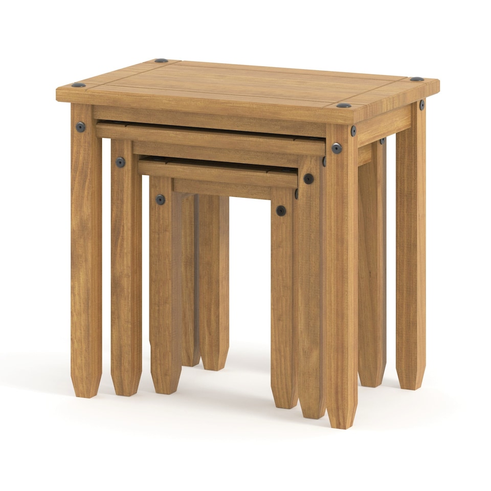 image 1 of Corona Set of 3 Solid Pine Nesting Tables - Sturdy Rustic Side Tables with Chunky Tops | Brown | Antique Wax | Small, Medium & Large | 3