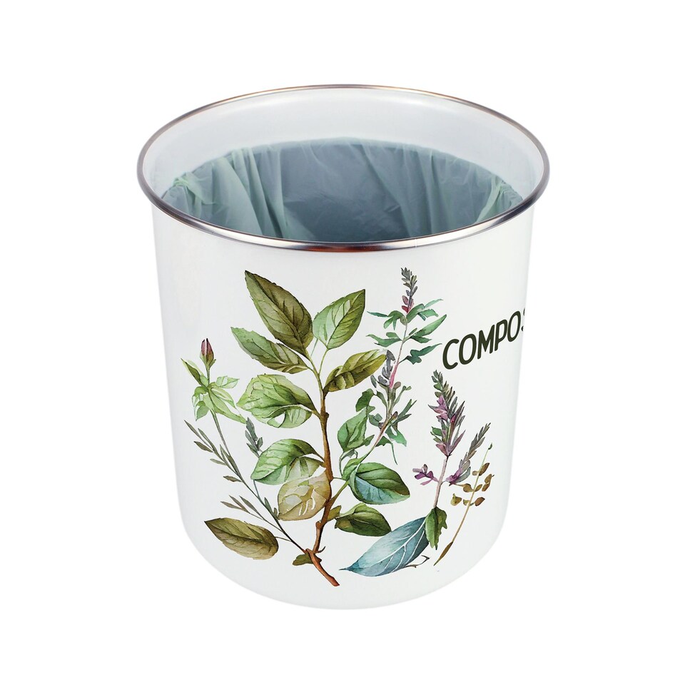 image 1 of Watercolour Herbs Compost Caddy - Metal 2L Decorative Kitchen Food Waste Bin
