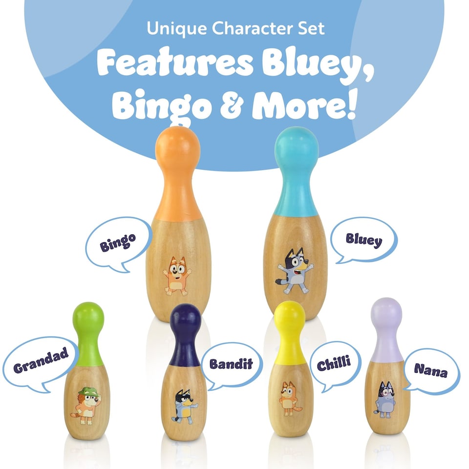 image 1 of Bluey Wooden Skittles Set 7 Piece Indoor and Outdoor Bowling Game for Kids