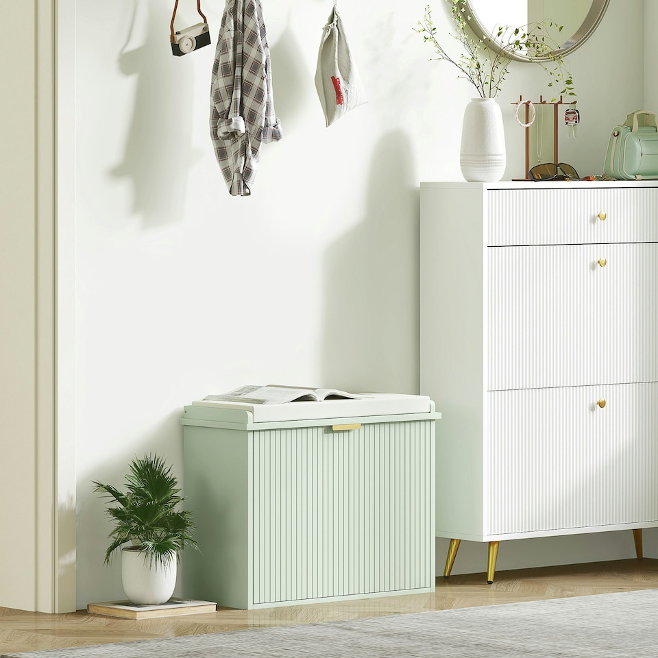 image 1 of HOMCOM Shoe Storage Bench with Cushion and Flip-Drawer Green