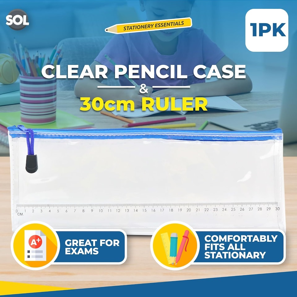 image 1 of Clear Pencil Case with 30cm Ruler – Large Transparent Durable Case for Exams, School Supplies & Organising Pens, Pencils & Tools