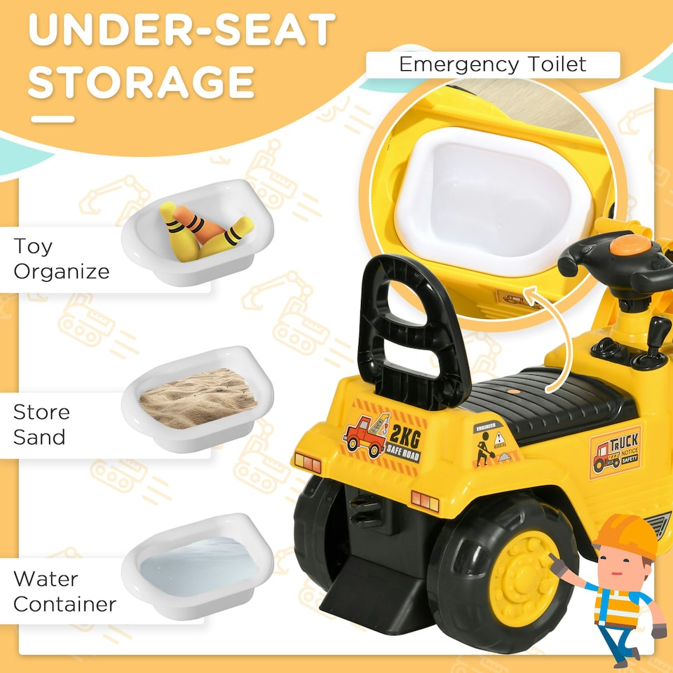 image 1 of HOMCOM Ride-On Bulldozer Toddler Digger Excavator Scooter Storage Cart