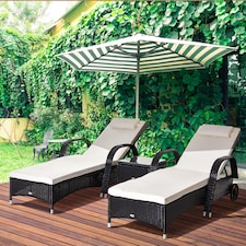Outsunny Rattan Sun Loungers for Garden Set of 2 with Side Table, Garden Recliner Sunbeds with Adjustable Back, Wheels, Cushions and Headrest, 3 Pieces Garden Furniture Set for Outdoor, Patio, Black