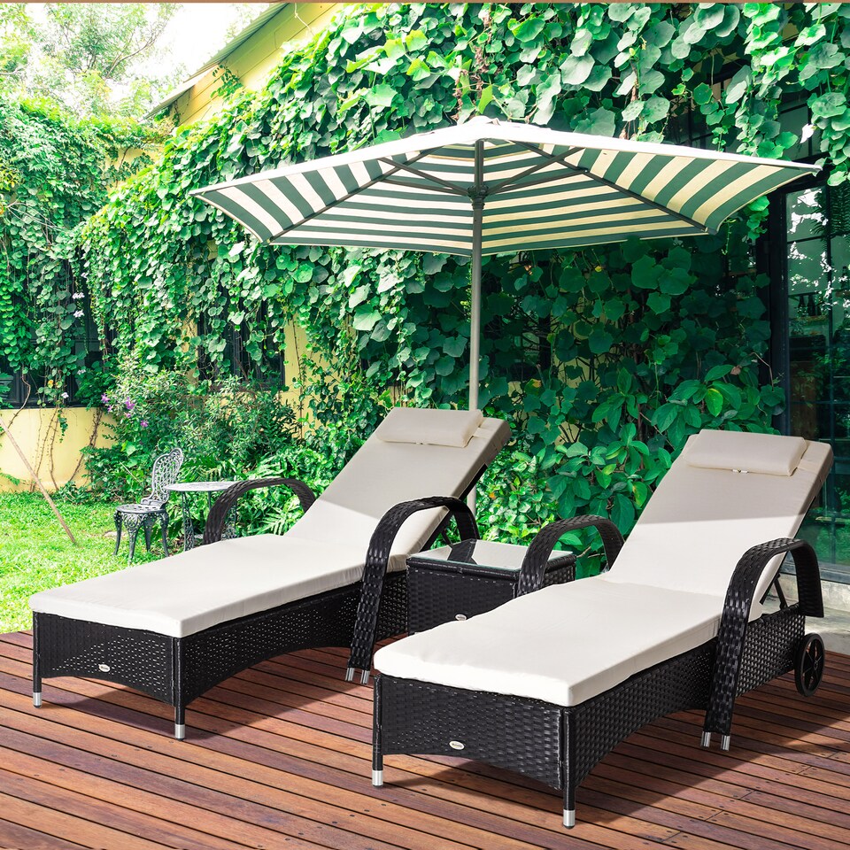 image 1 of Outsunny Rattan Sun Loungers for Garden Set of 2 with Side Table, Garden Recliner Sunbeds with Adjustable Back, Wheels, Cushions and Headrest, 3 Pieces Garden Furniture Set for Outdoor, Patio, Black