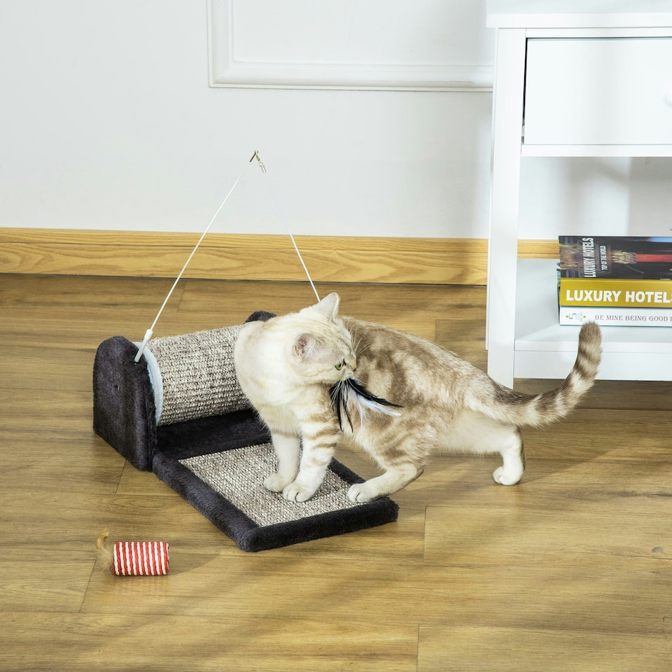 image 1 of PawHut Cat Scratcher Sisal Board with Roller Feather Toy, Grey