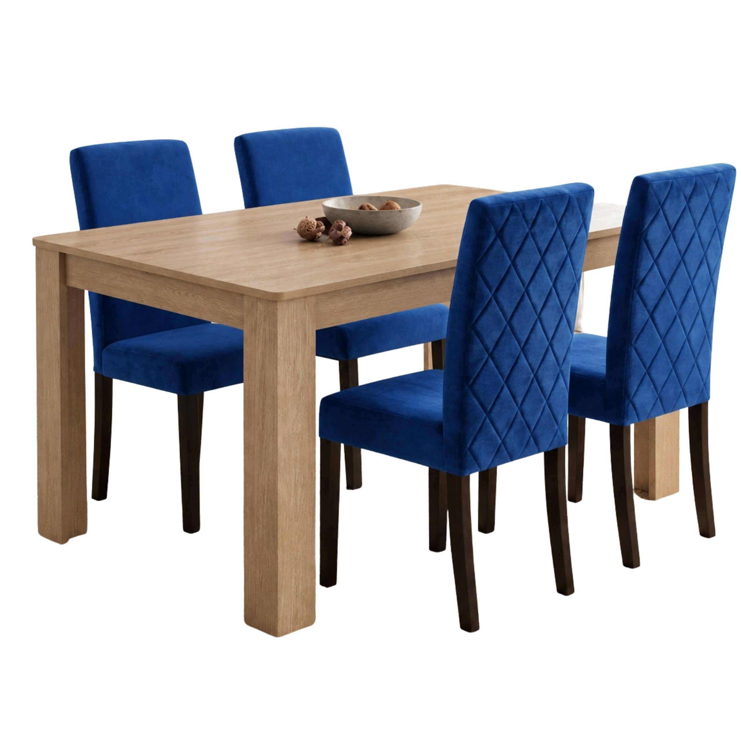 Oak Effect Dining Table and 4 Blue Diamond Stitch Velvet Chairs with Wooden Legs 4 Seater Set