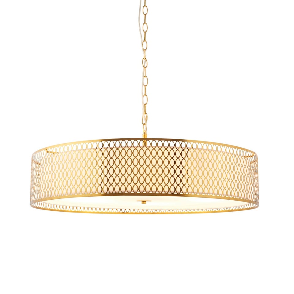 image 1 of Cordero Cylindrical Pendant Ceiling Light Gold Effect Plate, White Fabric & Frosted Glass 5x E27
