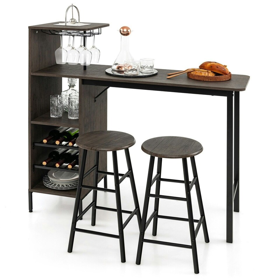 image 1 of COSTWAY 3PCS Bar Table & 2 Stool Dining Set Brown Brown