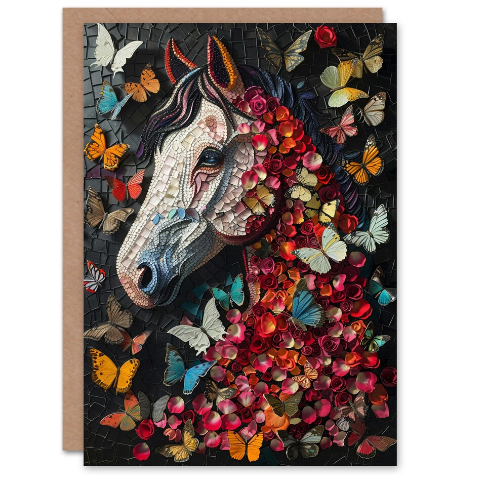 image 1 of Butterflies Horse Mosaic Nature Floral Portrait Child Kids Birthday Card