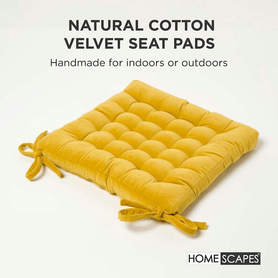 image 1 of Homescapes Set of 4 Seat Pads Luxury 100% Cotton Velvet Indoor Outdoor Garden Dining Cushion Yellow | 40 x 40 cm