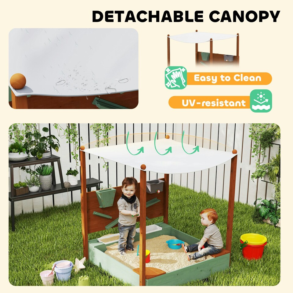 image 1 of AIYAPLAY Wood Sandpit for Kids with Canopy for Garden, Beach, Green 
