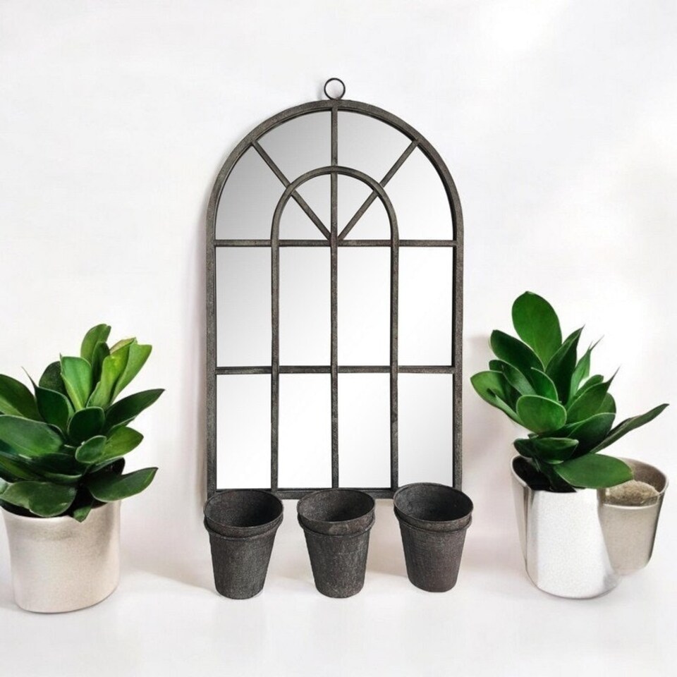 image 1 of Rusty Wall Mirror with Triple Planter - Distressed Metal - L5 x W45 x H78 cm Black