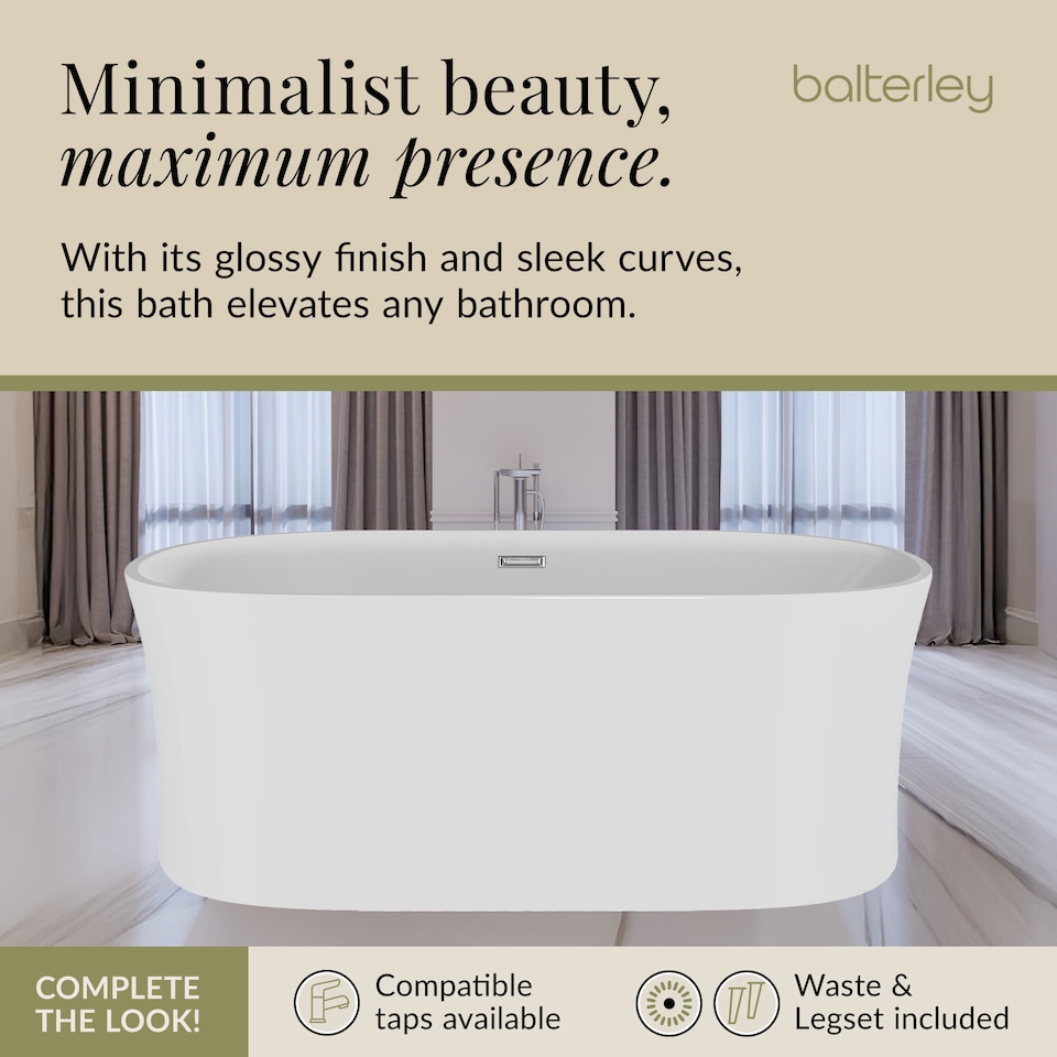 image 1 of Balterley Contemporary Curved Freestanding Bath: Modern Double-Ended Luxury Acrylic Bath | White | White | 1600 x 780 x 590mm