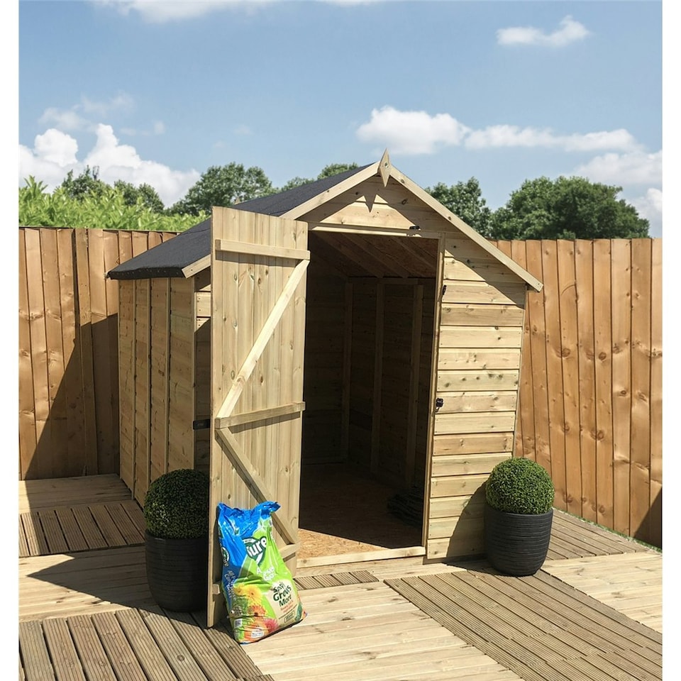 image 1 of 14 x 6 Pressure Treated Tongue And Groove Single Door Apex Shed - 4 Windows + Low Eaves (14' x 6') / (14ft x 6ft) (14x6)