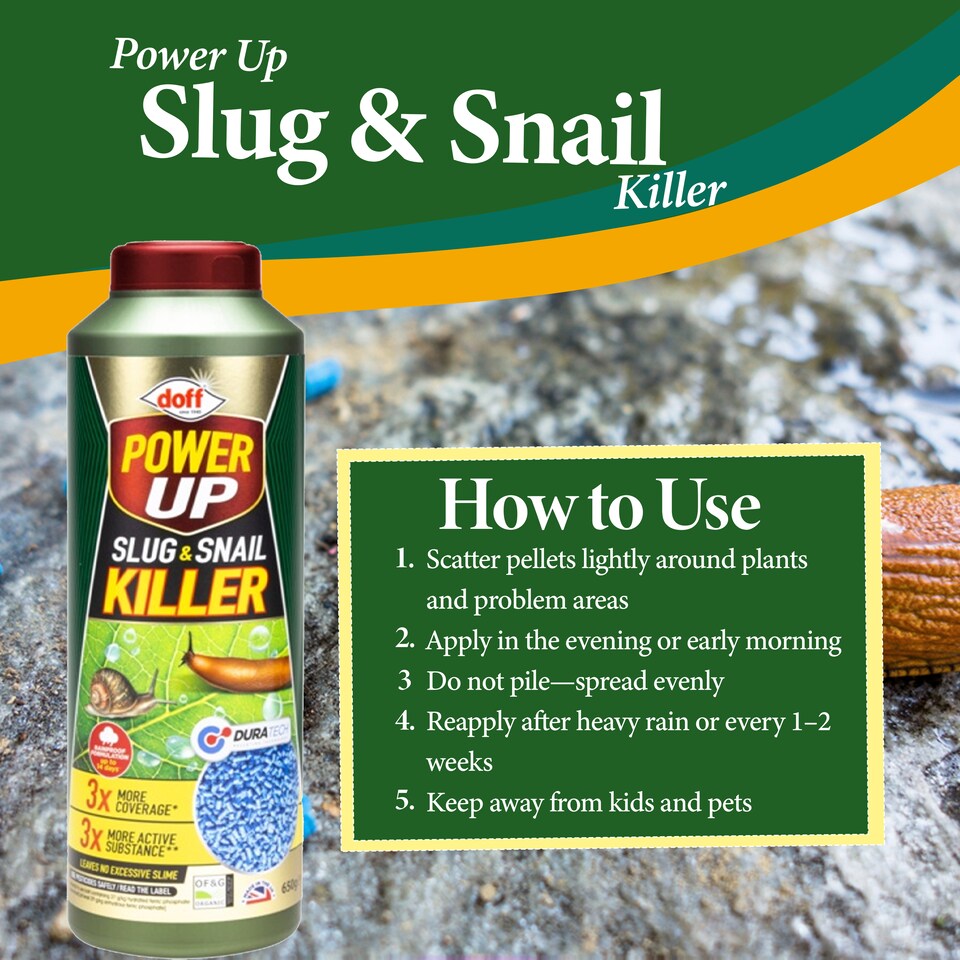 image 1 of Doff Power Up 650g Slug and Snail Killer 3 Times More Coverage Ferric Phosphate Formula Controls Slugs and Snails Easy to Use