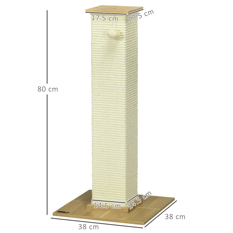 image 1 of PawHut Cat Scratch Post 80cm Tall, with Sisal Hanging Ball Toy, Oak Beige