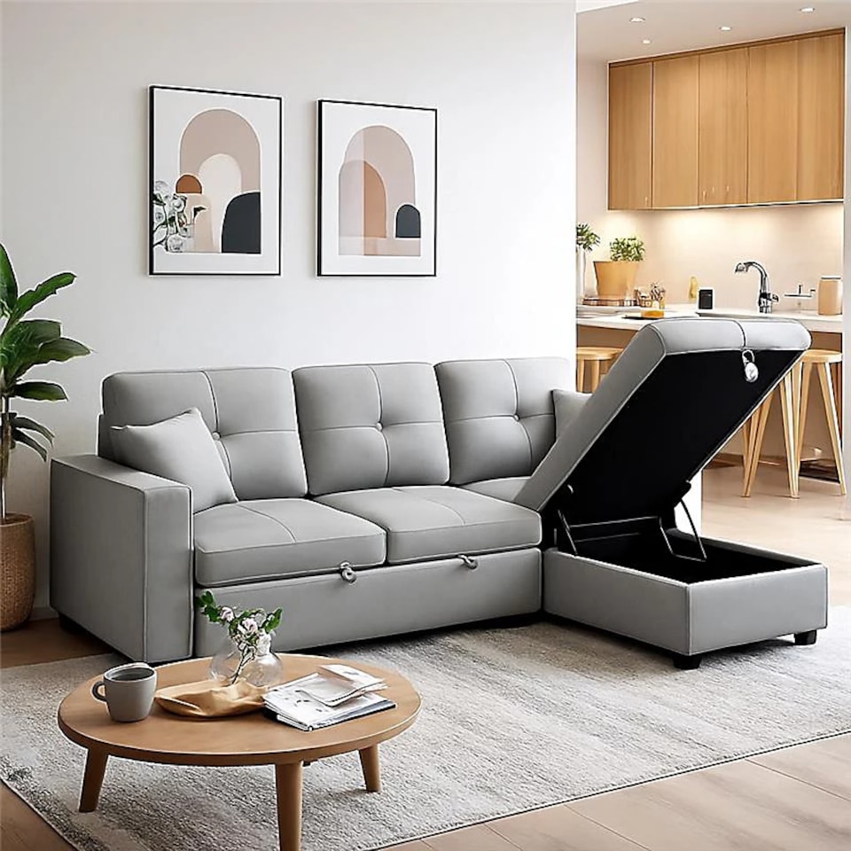 image 1 of Milano 3 Seater L Shape Pullout Sofa Bed with Deep Storage Compartment & Reversible Chaise | Grey | 1