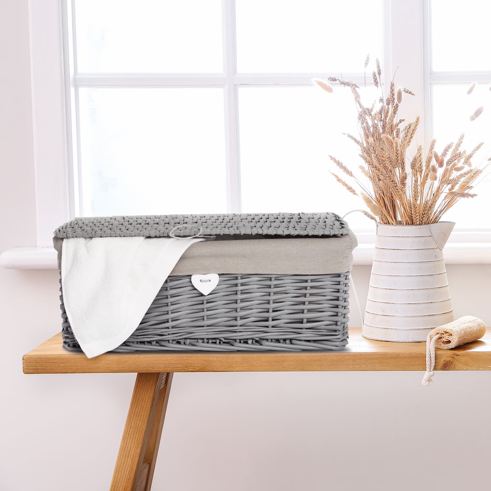image 1 of Natural Wicker Storage Basket With Lid Underbed Storage Gift Basket (Grey, Small)