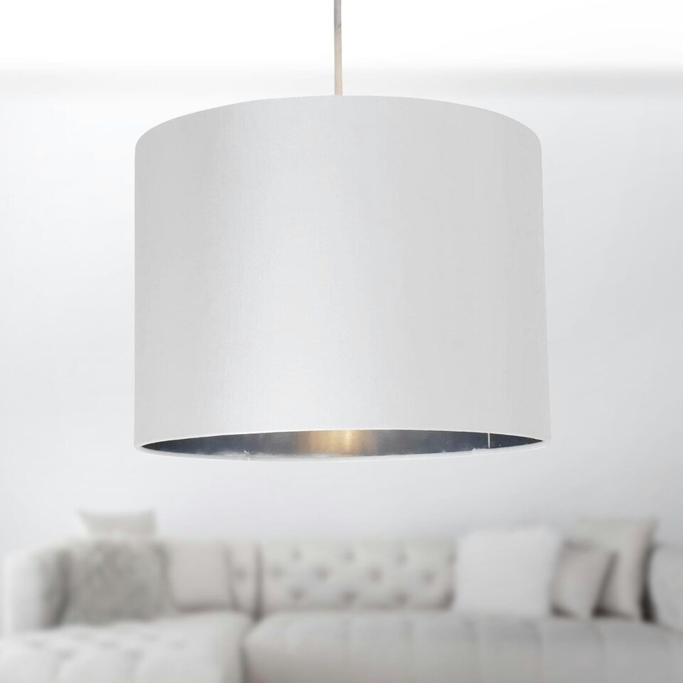 image 1 of First Choice Lighting White Faux Silk 30cm Drum Light Shade with Chrome Inner White | Chrome