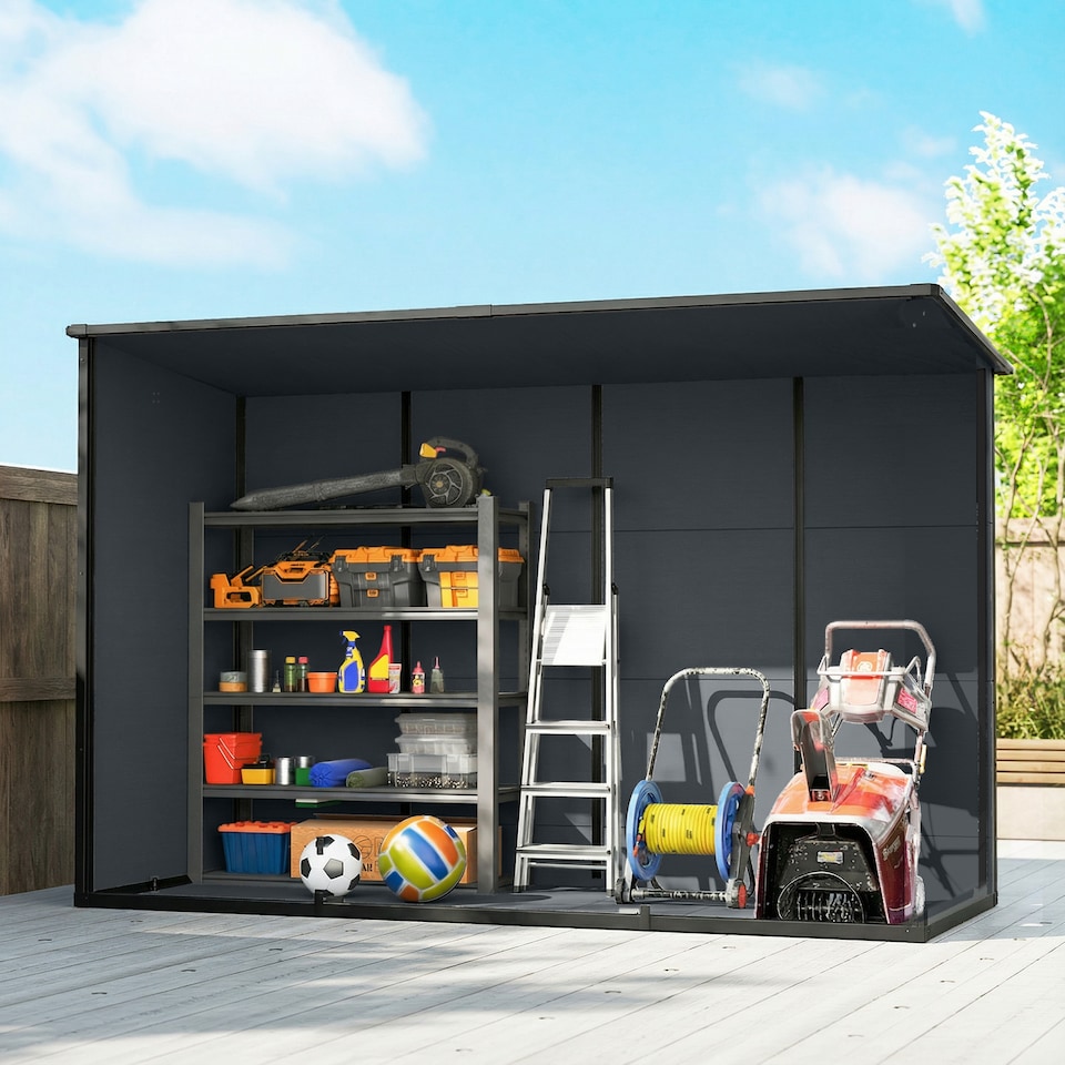 image 1 of Outsunny 10 x 4 ft Plastic Garden Shed with Floor, Lockable Doors Dark Grey | Grey | Dark Grey