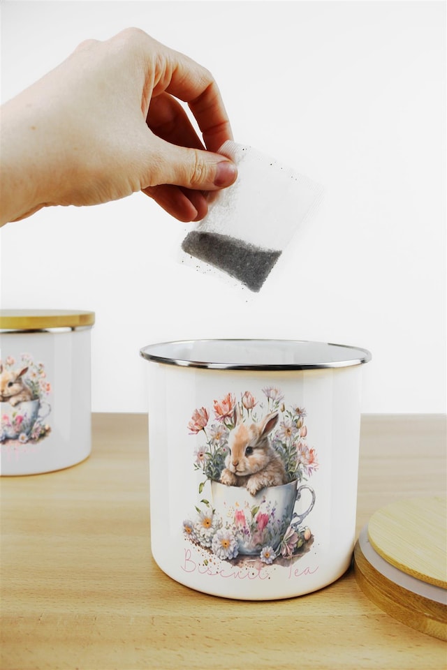 image 1 of Teacup Bunny Tea, Coffee & Sugar Large Kitchen Canisters - Set of 3