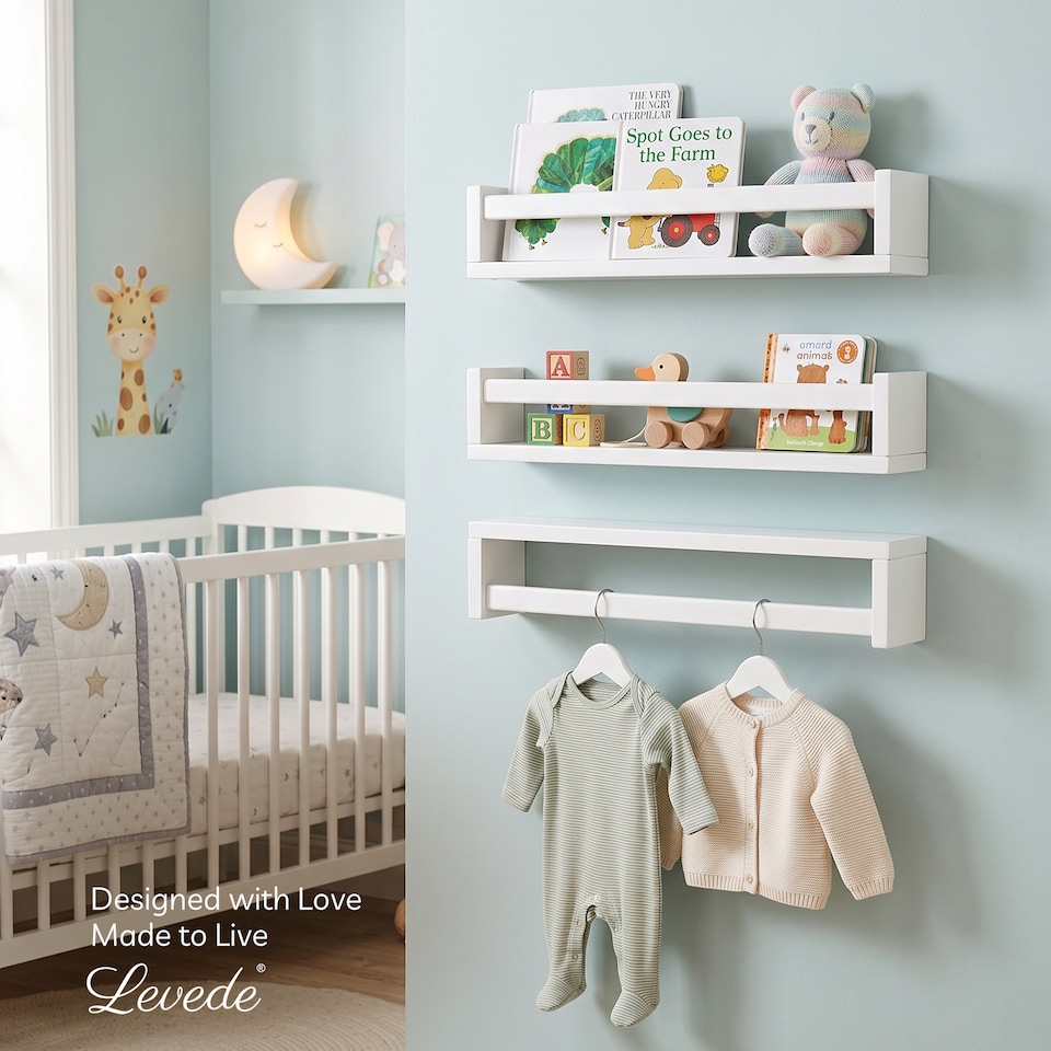 image 1 of Levede Nursery Book Shelves Kids Wall Floating Shelf White Solid Wood 3 Pack