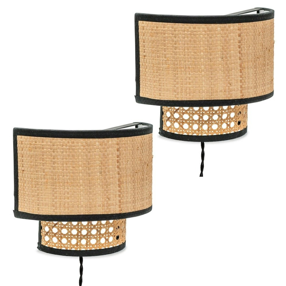 image 1 of ValueLights Grant Pair Plug in Natural Rattan Wicker Cane Easy Fit Wall Lights | Brown