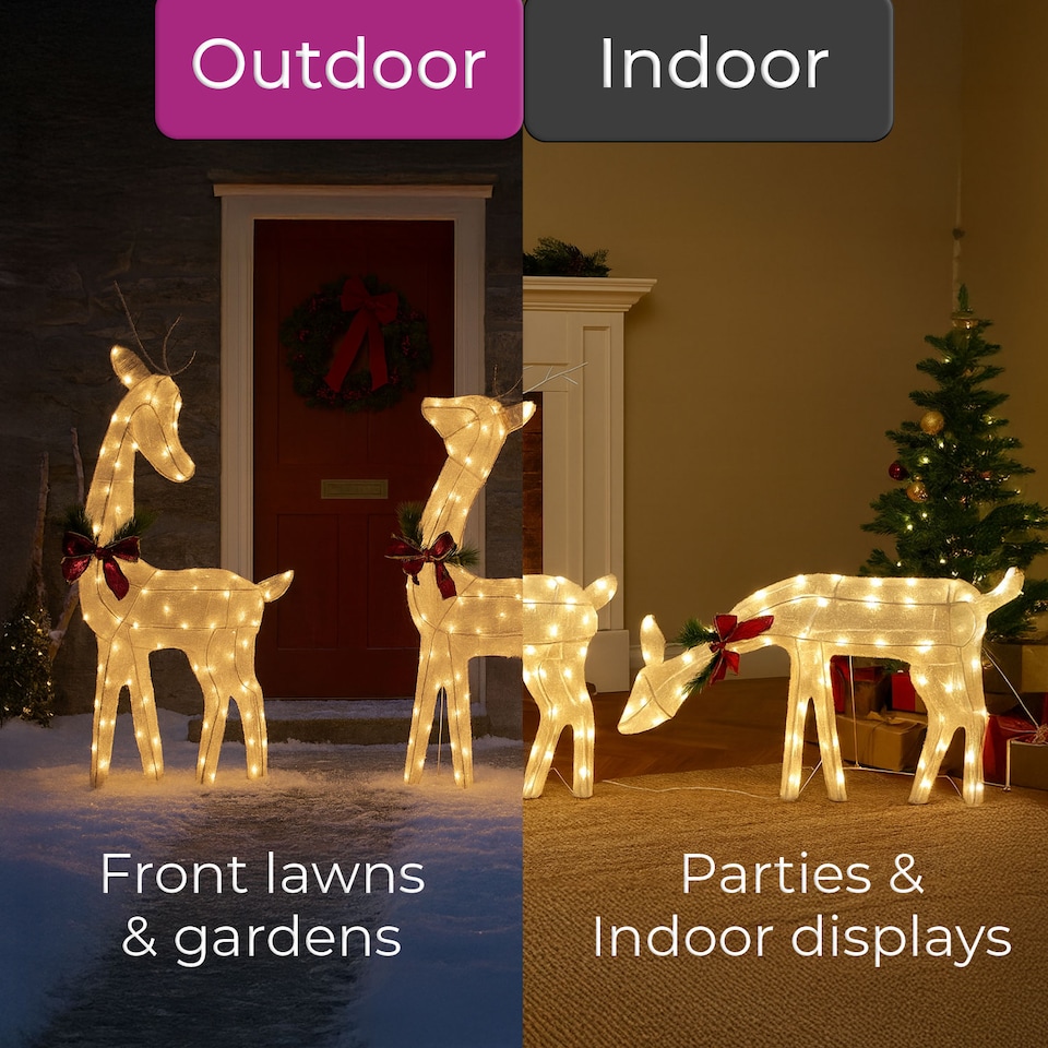 image 1 of Neo Set of 3 LED Lighted Reindeer Christmas Decorations Indoor Outdoor Holiday Yard Décor 210 Dual LED Lights Timer Weather Resistant Frame Festive Red Bows & Greenery