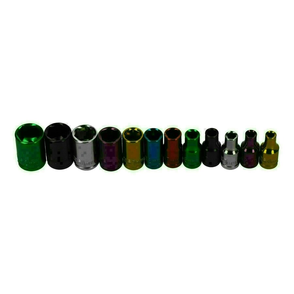 image 1 of 24pc Coloured 1/4" Dr Shallow & Deep Sockets 6 Point Hex Metric 4 - 13mm Rails