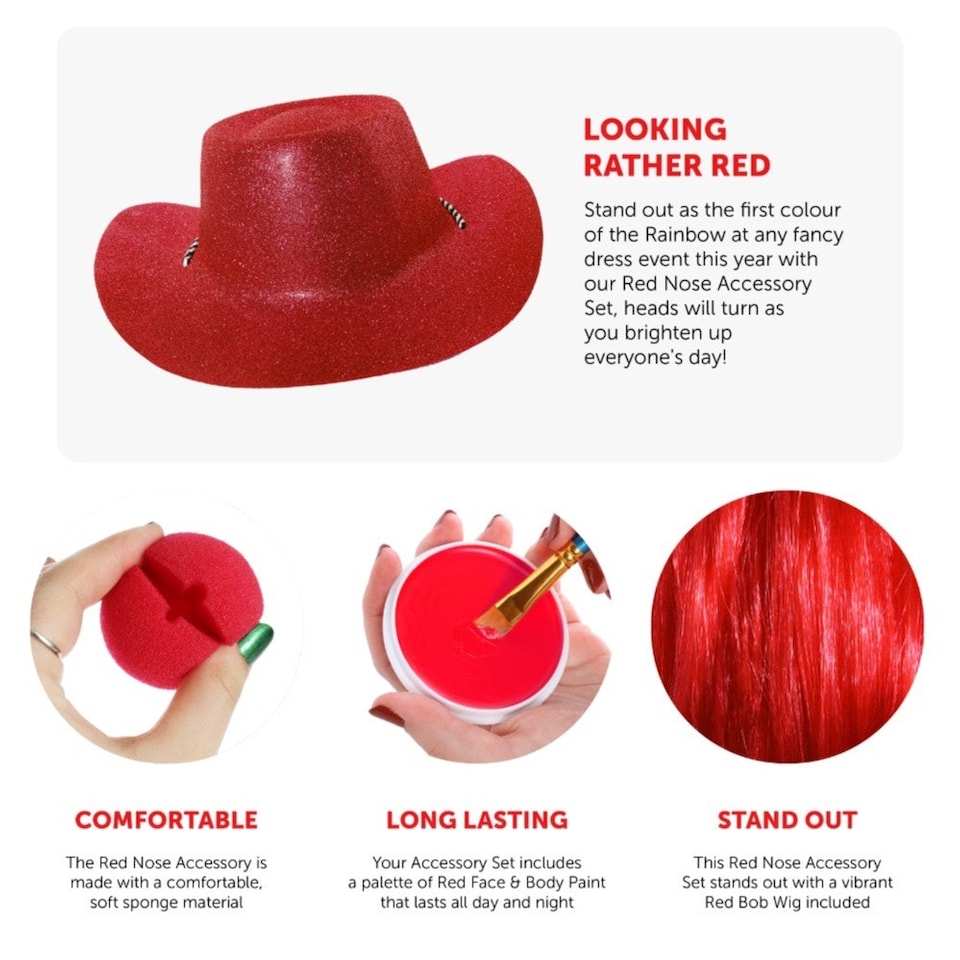 image 1 of Red Nose, Glitter Cowboy Hat, Bob Wig & Face Paint Red | One Size