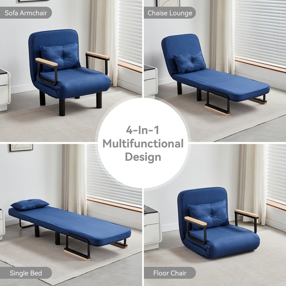 image 1 of 4 in 1 Folding Single Sofa Bed Convertible Lounge Sleeper Chair with Adjustable Backrest and Large Cushion Blue