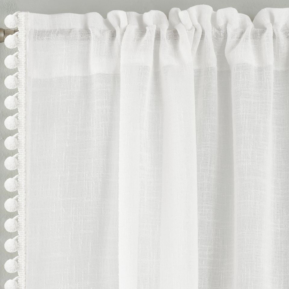 image 1 of Pair of Tahiti White Pom-Pom Trim Linen Look Voile Panels with Rod Pocket Header 183 CMS