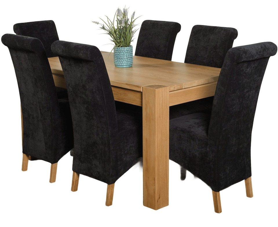 image 1 of Kuba 150 x 85 cm Chunky Medium Oak Dining Table and 6 Montana Fabric Chairs | Black | Black