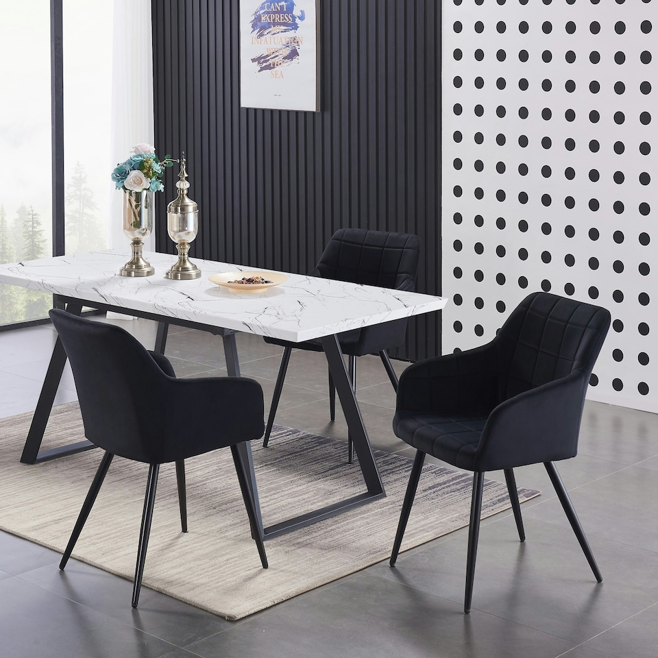 image 1 of Set of 2 Camden Modern Velvet Dining Chairs with Armrests, Quilted Design & Black Metal Legs Black