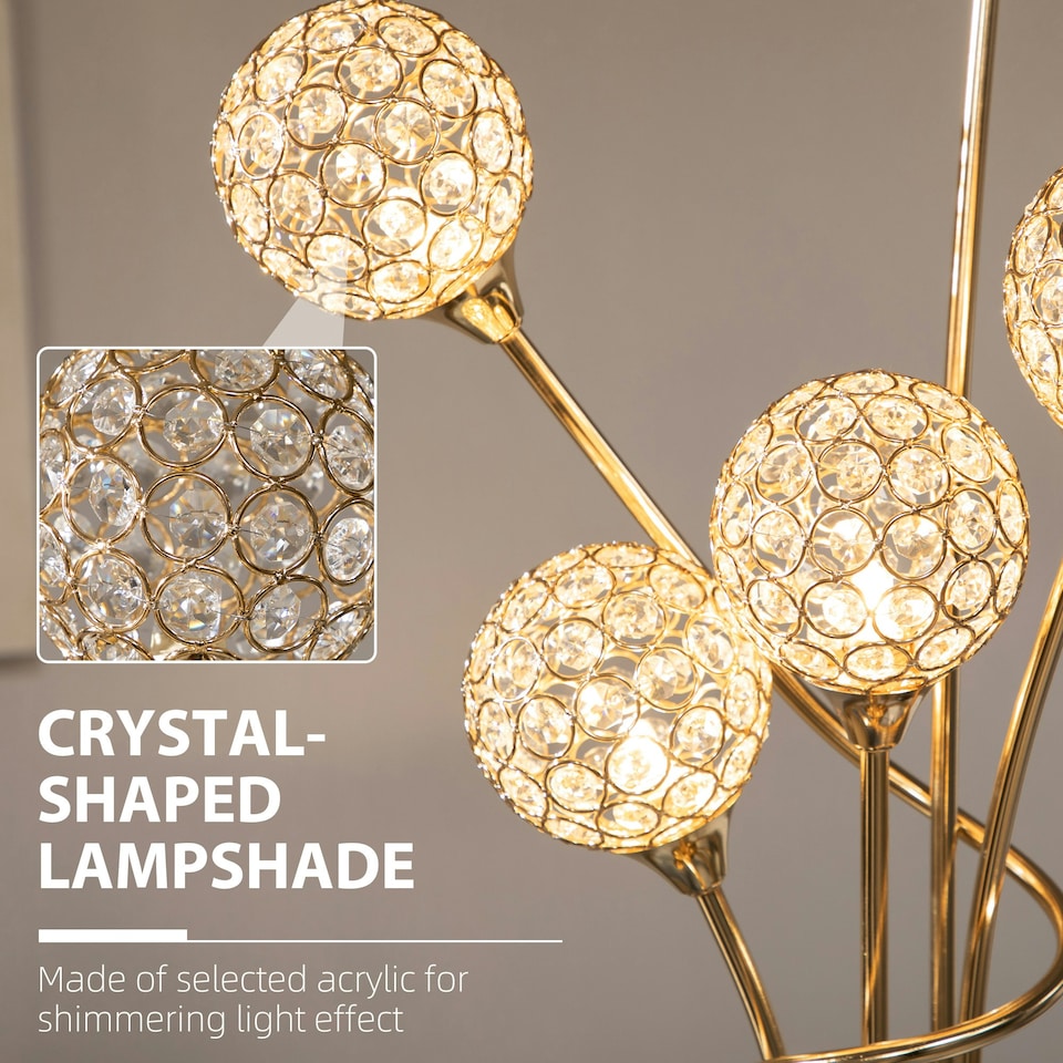 image 1 of HOMCOM Modern Floor Lamp w/ K9 Crystal Shade, 5 Light, for Living Room, Gold