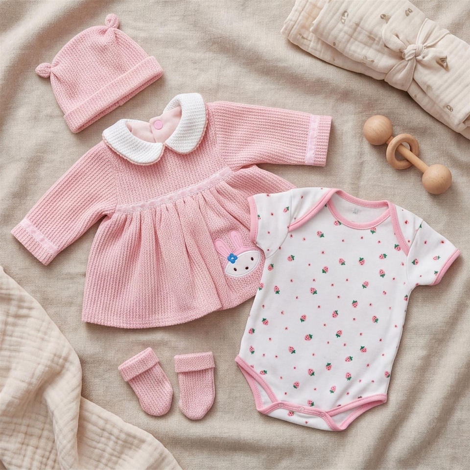 image 1 of BiBi Doll Reborn Baby Girl Clothes Set Pink Bunny Dress Outfit for 20 inch Dolls