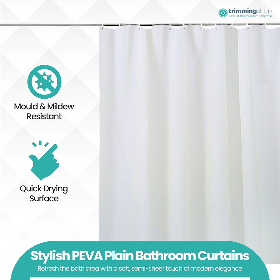 image 1 of PEVA Plain Mould & Mildew Resistant Shower Curtain with 12 Hooks - 180x180cm