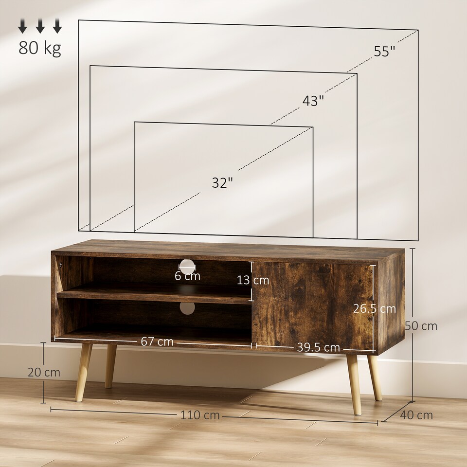image 1 of HOMCOM TV Stand Cabinet up to 55, TV Unit with 2 Storage Shelves and Single Door for Living Room, Bedroom, Brown | Brown | 1